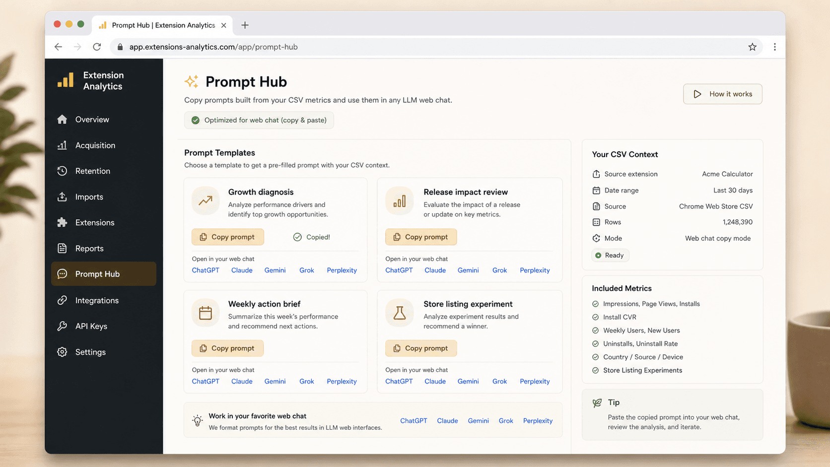 LLM Prompt Hub with open-in-web-chat prompt cards